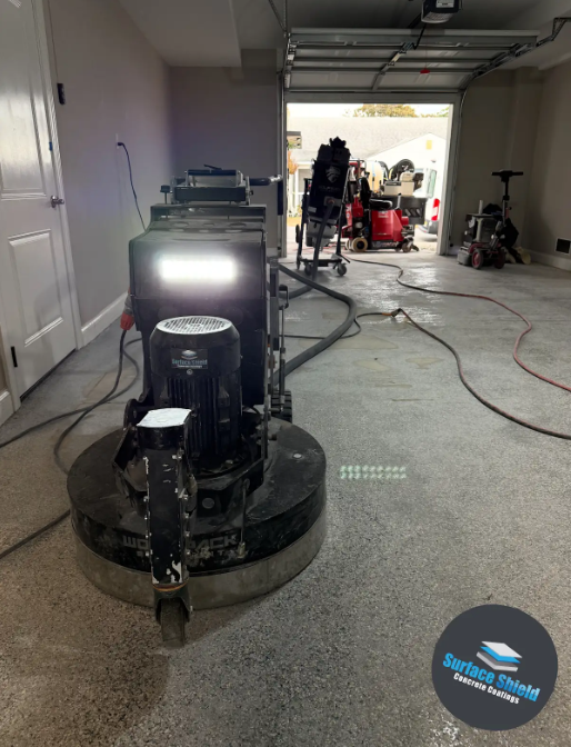 Industrial planetary grinder prepping a residential garage slab with dust extraction