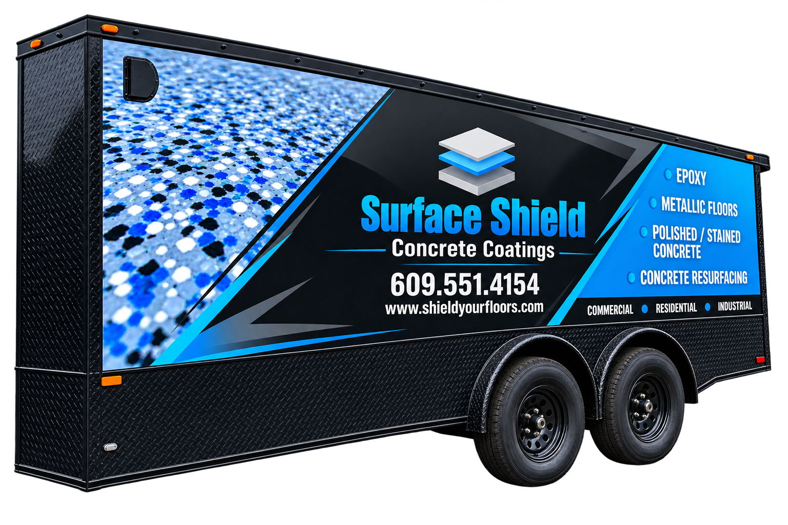 Surface Shield Concrete Coatings branded enclosed trailer, wrapped with the company logo, phone number, and full service list